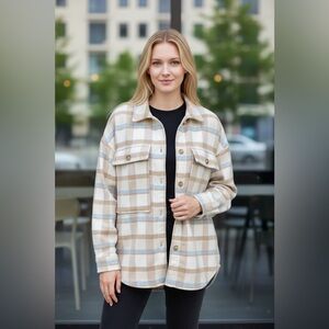 Pink Lily Plaid Wool Blend Oversized Shacket Jacket Tan Blue Size Small